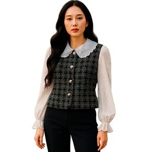MADE IN‎ KOREA Vintage Chic Black & White Plaid Buttoned Blouse Pearl Beads Med.